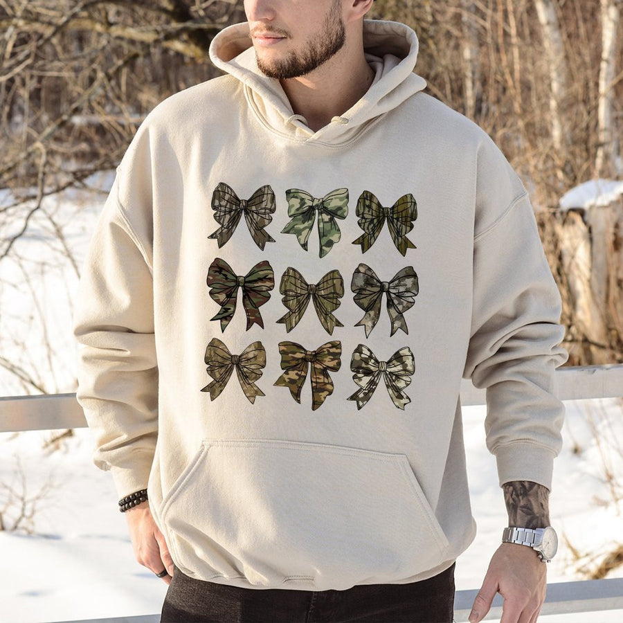 Camo Bow Hoodie | Cute Hunting Aesthetic Graphic | Soft Cotton-Polyester Blend | Trendy Outdoorsy Gift For Women