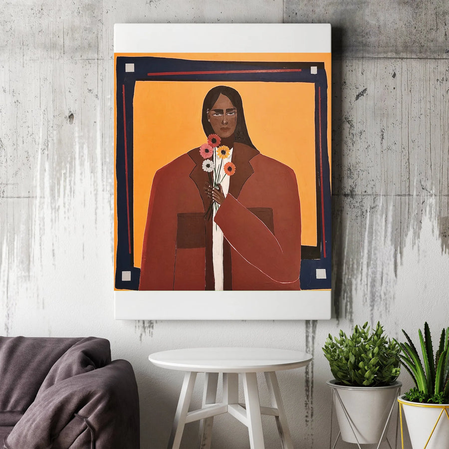 Woman Portrait Canvas Wall Art | Modern Abstract Female Figure Holding Flowers | Premium Gallery Wrapped Canvas | Living Room Decor Gift