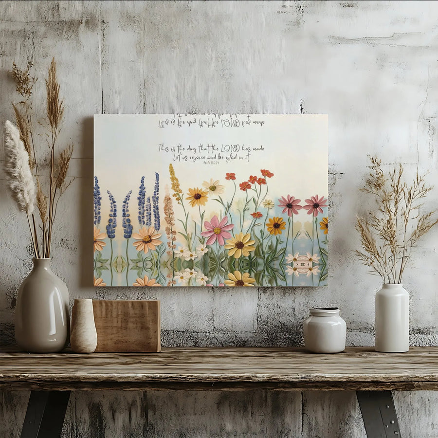 Bible Verse Canvas Wall Art | Textured Wildflower Psalm 118:24 Print | Premium Christian Decor | Inspirational Faith Gift for Home
