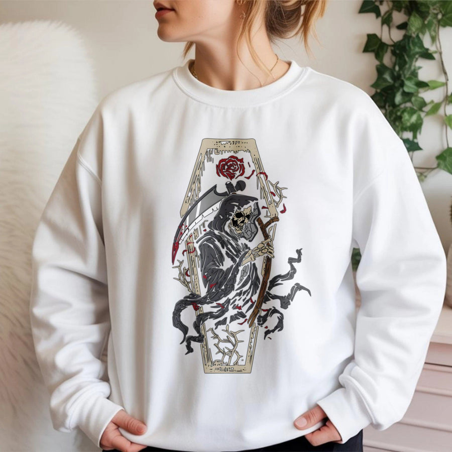 Grim Reaper Sweatshirt | Gothic Coffin Rose Graphic | Premium Cotton Blend Unisex Pullover | Dark Aesthetic Gift for Goth and Horror Fans