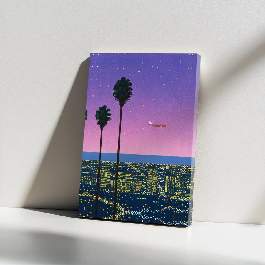 Vaporwave Cityscape Canvas Print | Retro California Night with Palm Trees | Premium Gallery Wrapped Canvas | Modern Home Decor Gift