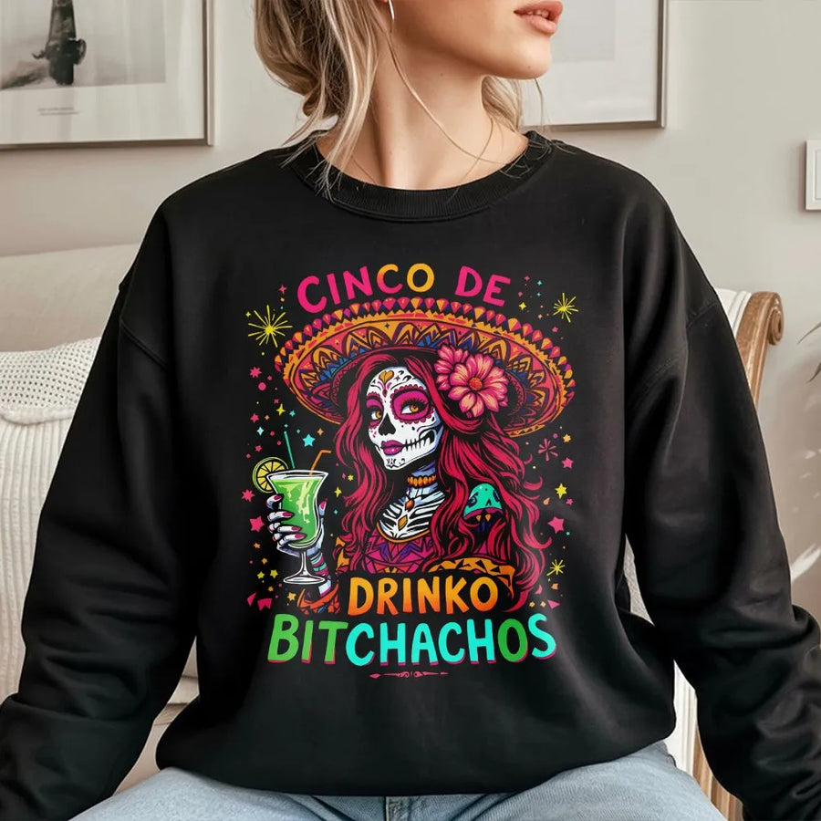 Cinco De Drinko Sweatshirt | Funny Mexican Party Sweatshirt with Sugar Skull | Soft Cotton-Poly Blend | Cinco de Mayo Fiesta Gift for Men & Women