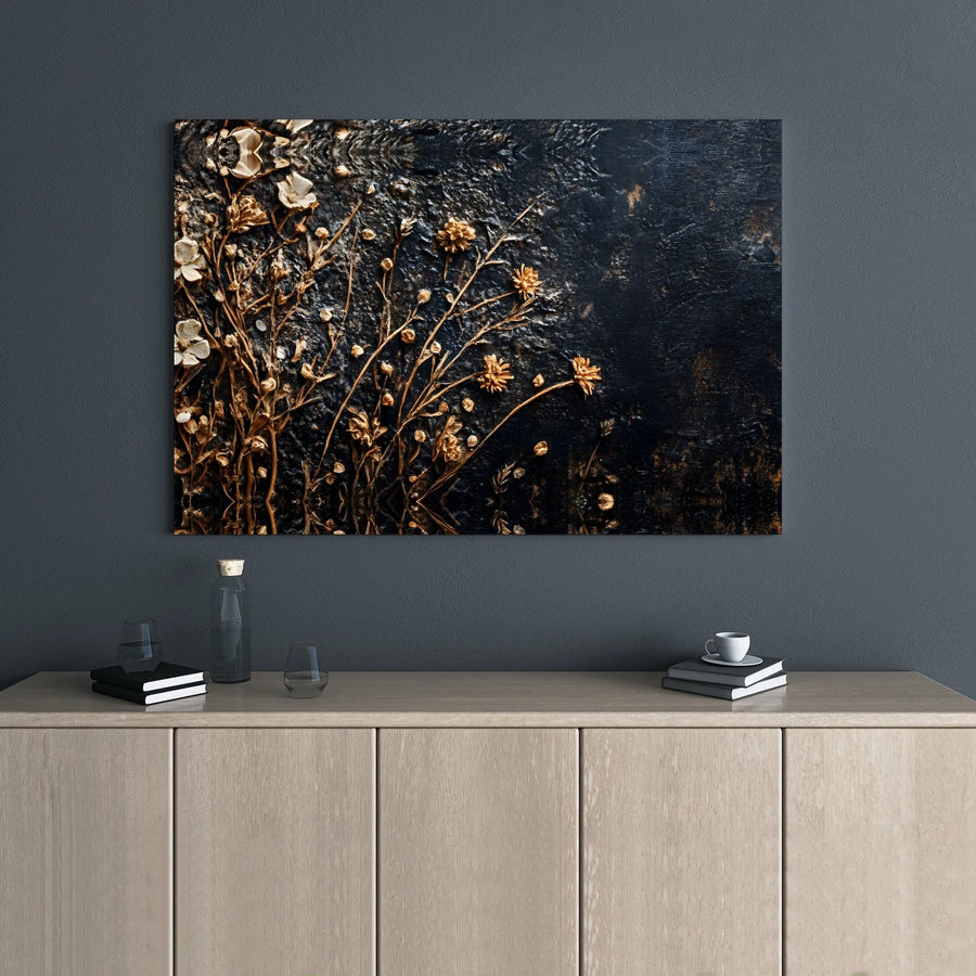 Gilded Floral Canvas Wall Art | Golden Dried Flowers on Textured Black Background | Premium Gallery Wrap Print | Modern Luxury Home Decor