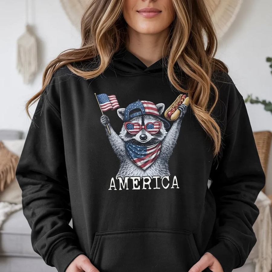 Patriotic Raccoon Hoodie | Funny 4th of July USA Flag Animal Tee | Premium Comfort Colors Cotton | Independence Day Party Gift