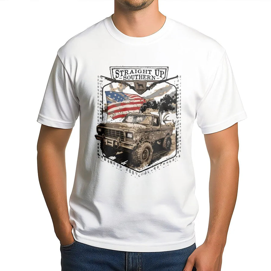 Off-Road Truck T-Shirt | American Flag Muddy 4x4 Design | Premium Cotton Graphic Tee | Patriotic Gift For Southern Country Men Women