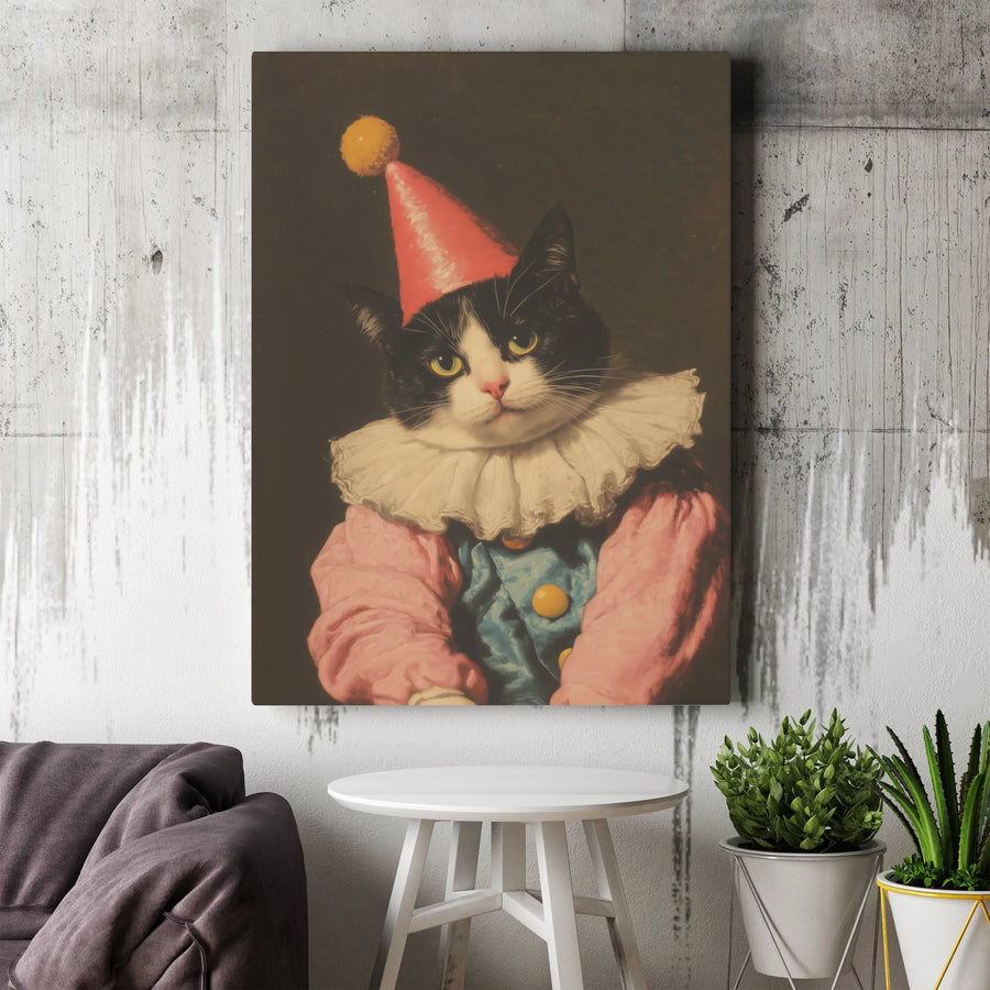 Tuxedo Cat Clown Canvas Print | Vintage Whimsical Animal Portrait | Gallery-Wrap Premium Wall Art | Unique Home Decor Gift for Cat Lovers