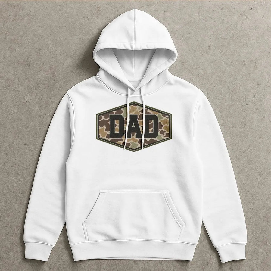 Camo Dad Hoodie | Distressed Varsity Camouflage Graphic | Premium Cotton Tee | Fathers Day Gift for Hunter Dad