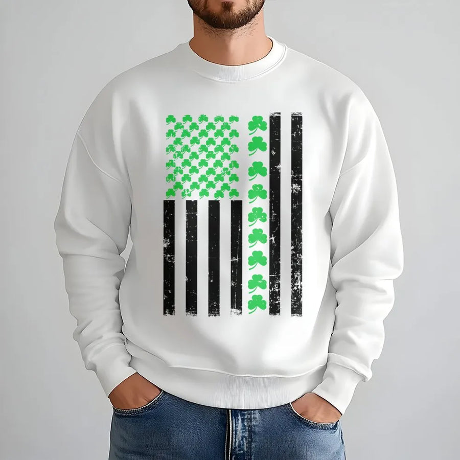 St. Patricks Day Shamrock Flag Sweatshirt | Distressed USA Flag Clover Design | Premium Cotton Blend | Unisex Irish American Gift