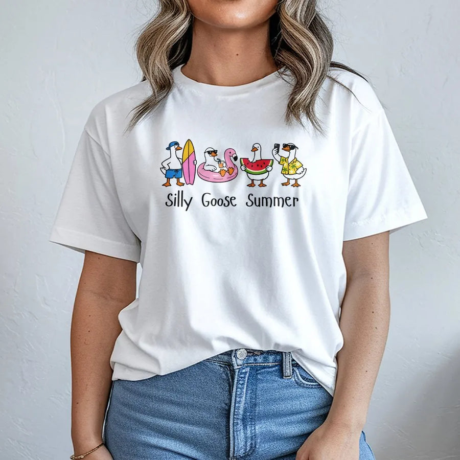 Silly Goose Summer T-Shirt | Cute Cartoon Beach Geese Graphic | Soft Unisex Pullover | Funny Novelty Gift for Goose Lovers