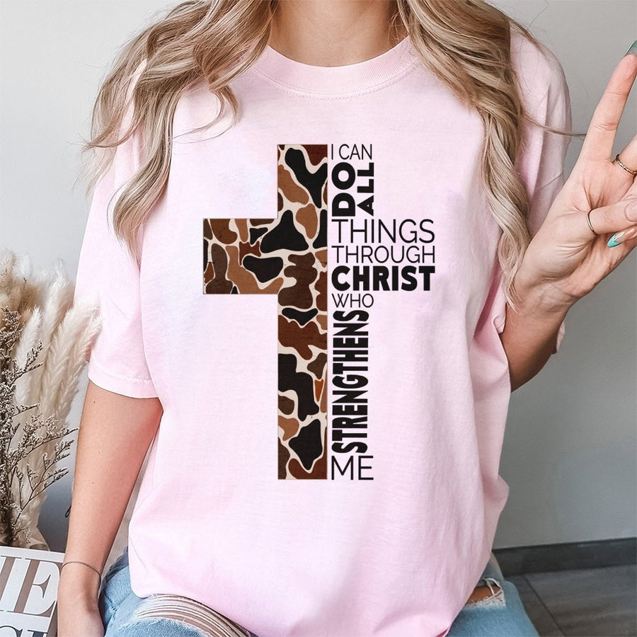 I Can Do All Things Through Christ T-Shirt | Camo Cross Bible Verse Graphic Tee | Premium 100% Cotton | Inspirational Religious Christian Gift