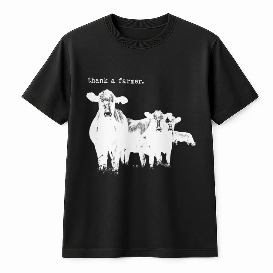Thank A Farmer T-Shirt | Rustic Cattle Ranching Graphic | Premium Cotton Unisex Tee | Western Style Gift for Cattlemen and Farmers