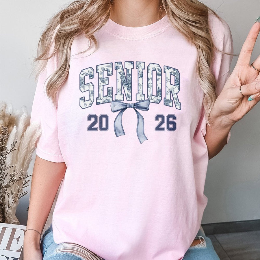 Senior 2026 T-Shirt | Coquette Bow Blue Toile Aesthetic | Premium 100% Cotton | Graduation Gift For High School Seniors