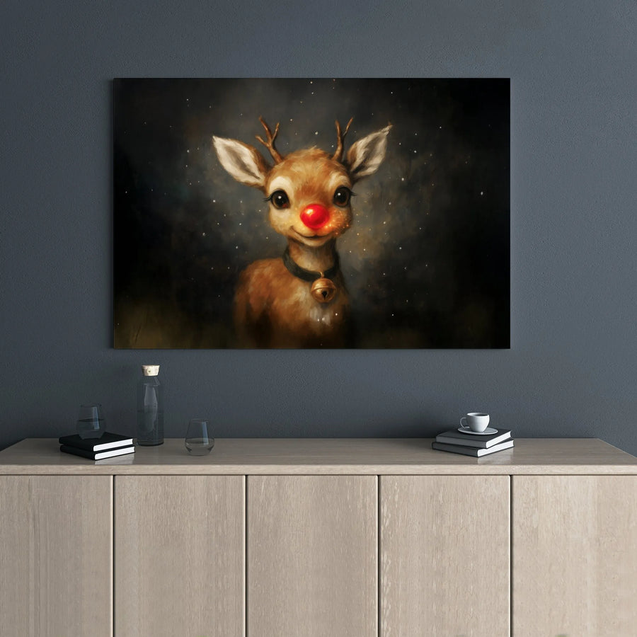 Red Nosed Reindeer Wall Art | Glowing Nose Christmas Canvas Print | Premium Gallery Wrap Decor | Holiday Gift for Kids and Home