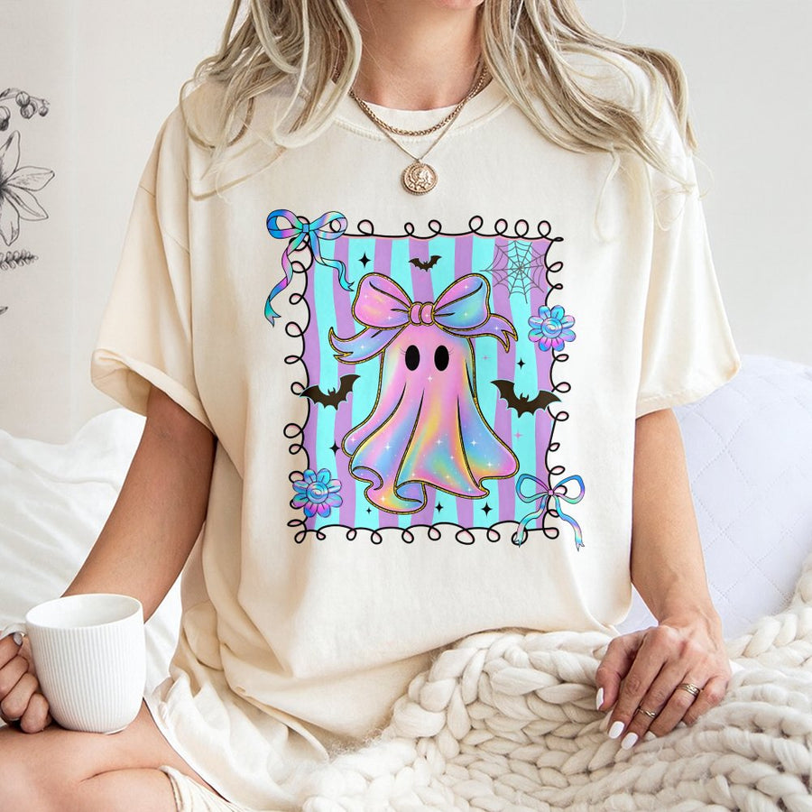 Coquette Ghost T-Shirt | Iridescent Aesthetic Halloween Graphic | Premium 100% Cotton | Cute Spooky Gift For Her