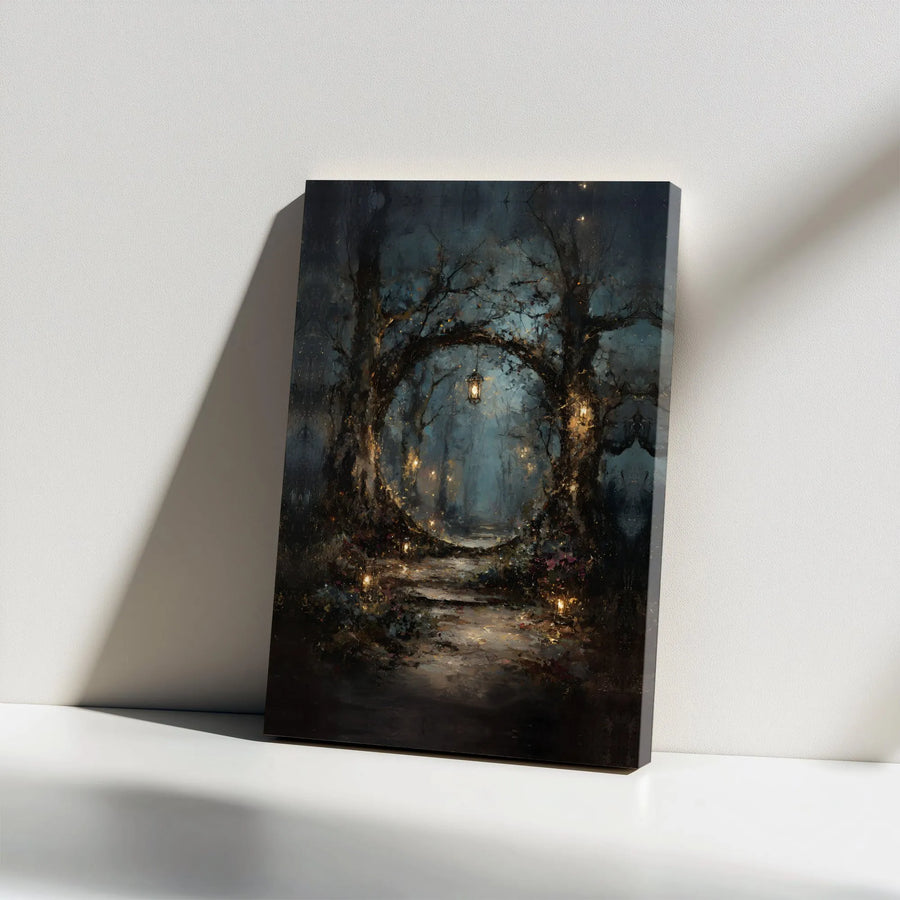 Enchanted Forest Canvas Wall Art | Mystical Pathway with Lanterns | Premium Gallery Wrapped Print | Gothic Home Decor Gift