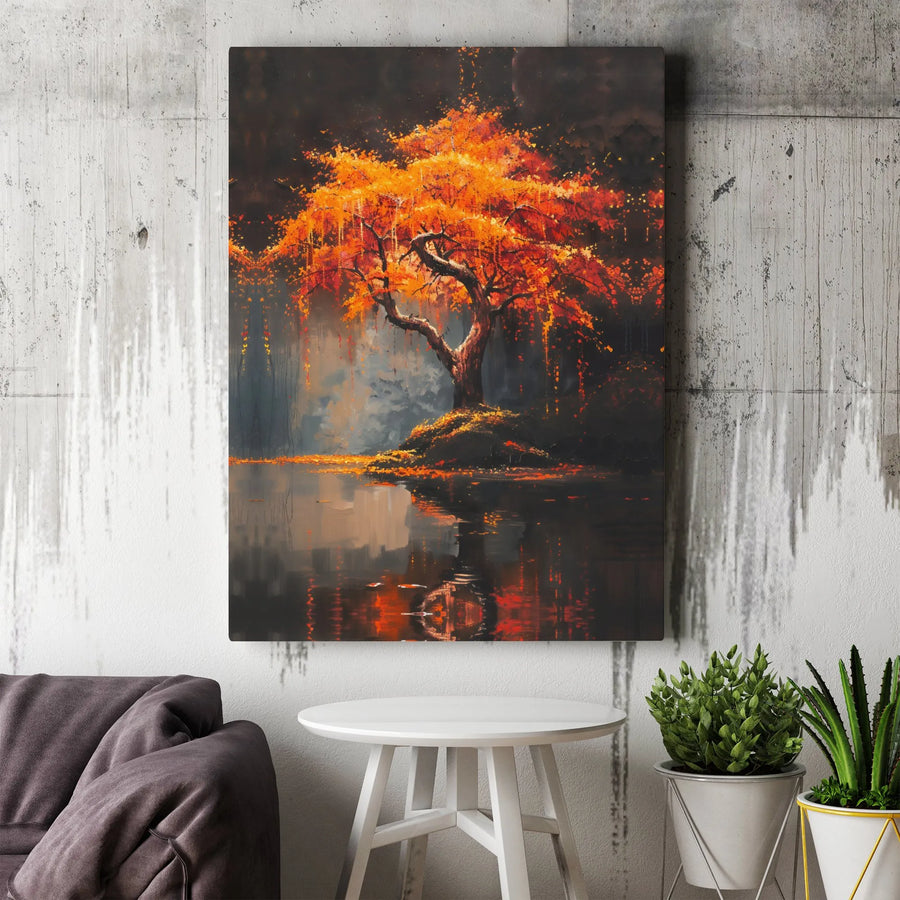 Autumn Tree Wall Art | Fiery Orange Lake Reflection Print | Gallery Quality 1.25" Stretched Canvas | Fall Nature Landscape Home Decor Gift