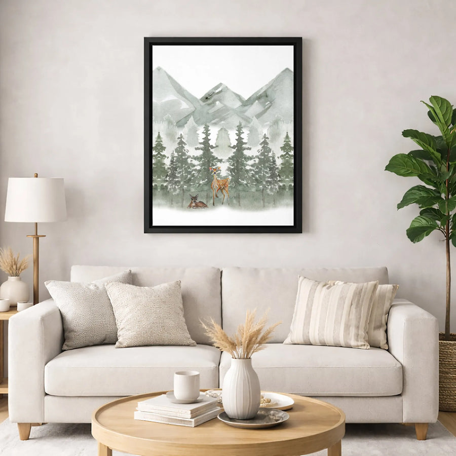Watercolor Deer Canvas Wall Art | Forest Fawn and Mountain Print | Premium Gallery Wrapped Decor | Nature Lover Gift for Home Office