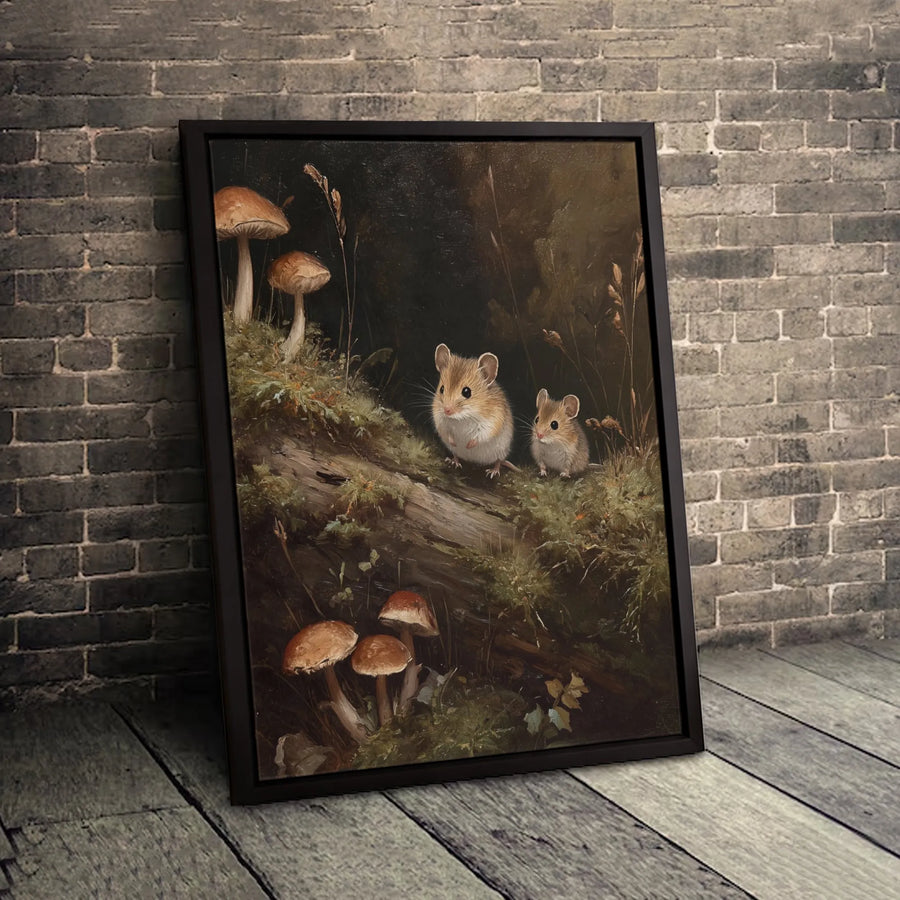 Forest Mice Wall Art | Vintage Oil Painting Style Mushroom Canvas | Gallery-Quality Premium Print | Cottagecore Home Decor Gift