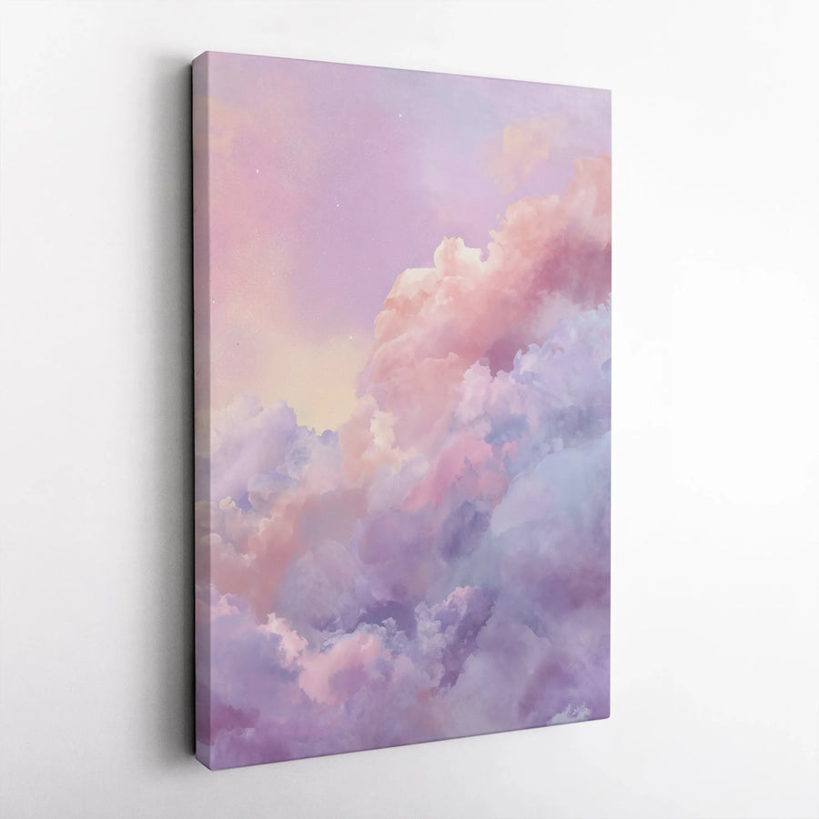 Pastel Cloudscape Vertical Canvas | Ethereal Pink and Purple Sky Art | Premium Gallery Wrapped Canvas | Modern Home Decor Gift for Bedroom