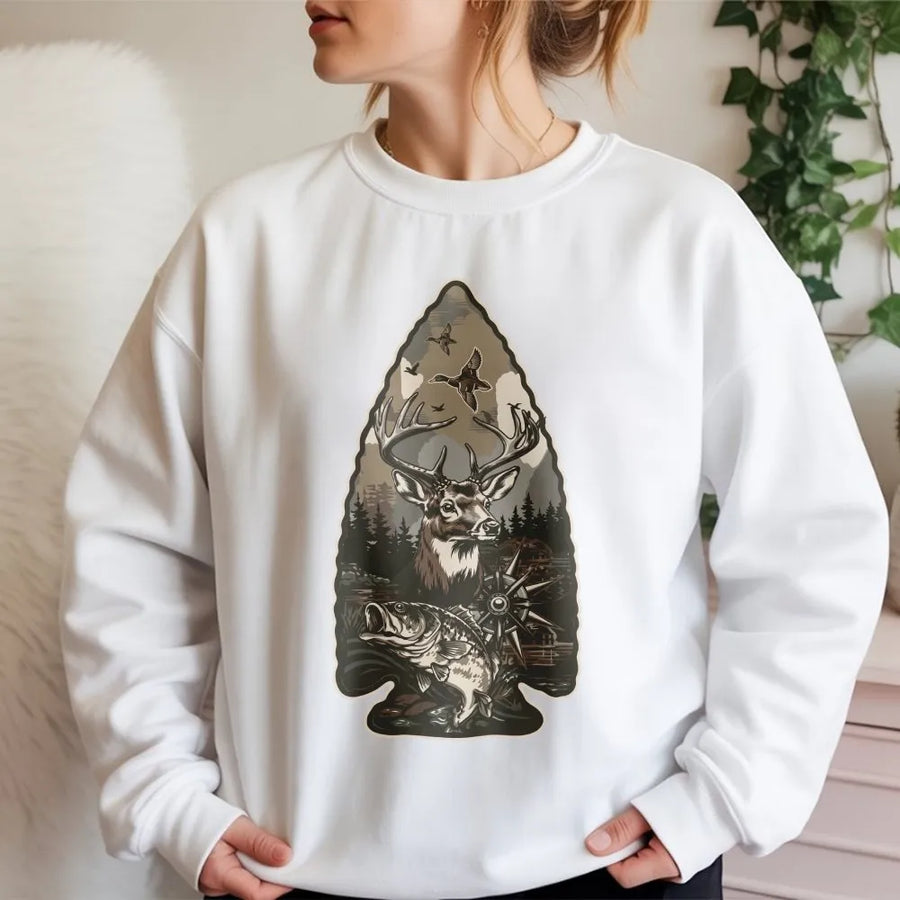 Hunting Sweatshirt for Men | Arrowhead Wildlife Graphic with Deer, Duck & Fish | Soft Cotton Blend | Gift for Hunter and Outdoorsman