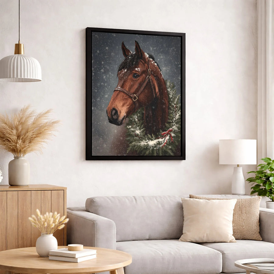 Horse Christmas Wall Art | Brown Horse with Festive Wreath in Snow | Premium Gallery Wrapped Canvas | Equestrian Holiday Home Decor Gift