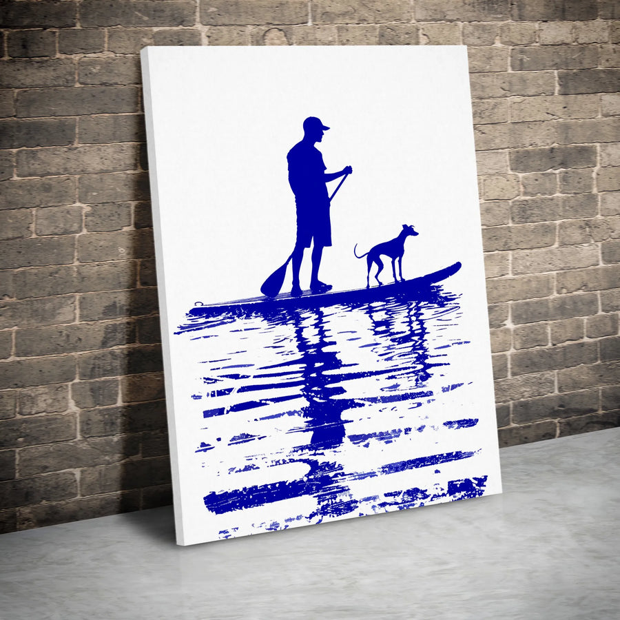 Stand Up Paddleboarding Canvas Art | Blue Silhouette SUP Man and Dog Print | 1.25 Inch Premium Gallery Wrap | Gift for Water Sports Enthusiast