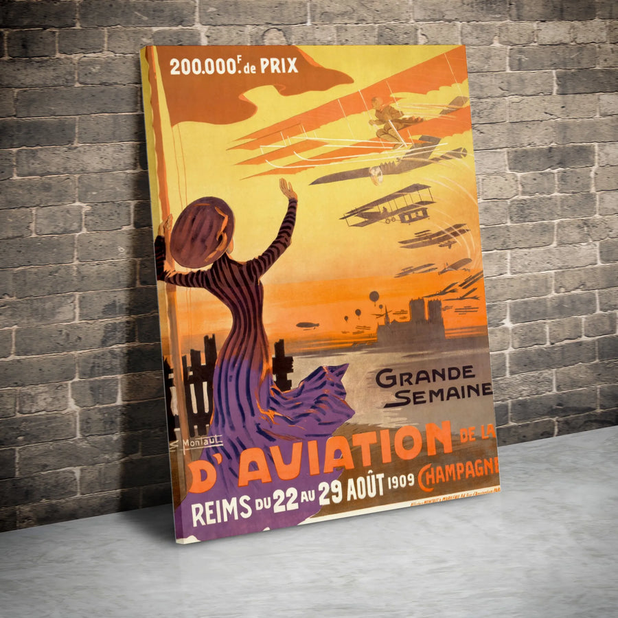 Grande Semaine D'Aviation 1909 Reims Poster | Vintage French Aviation Wall Art | Premium Gallery Canvas | Aviation History Gift for Pilot