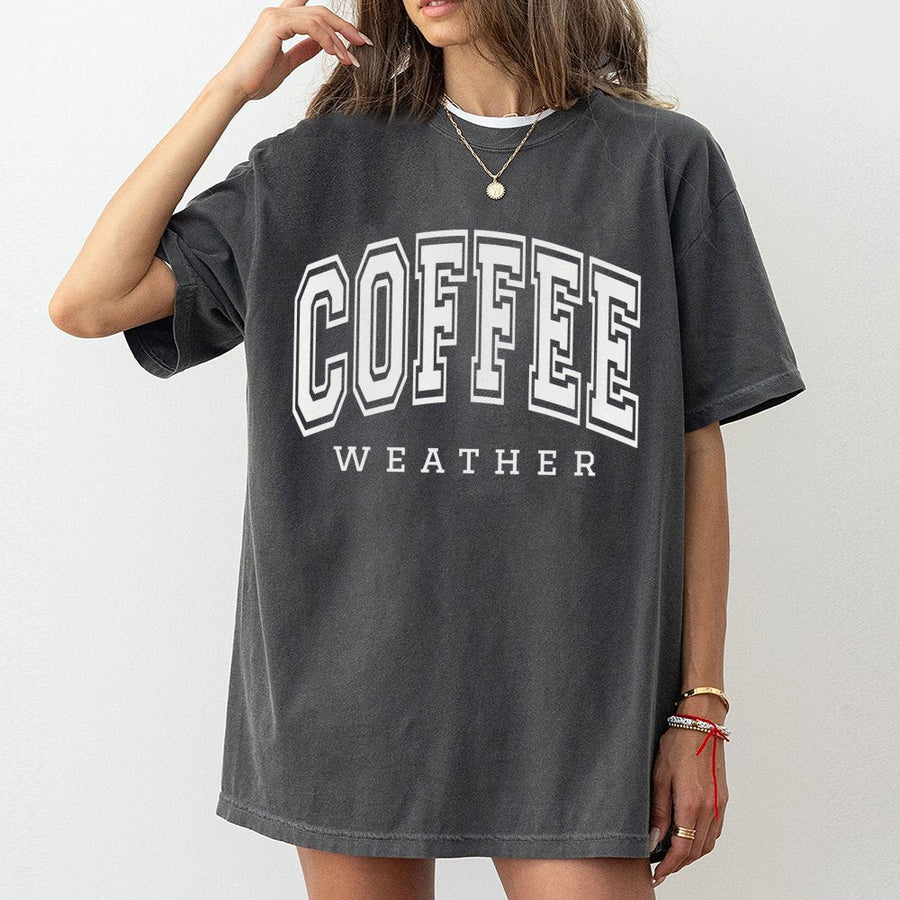 Coffee Weather T-Shirt | Retro Varsity Lettering Graphic Tee | Premium 100% Cotton | Cozy Fall Gift for Coffee Lovers