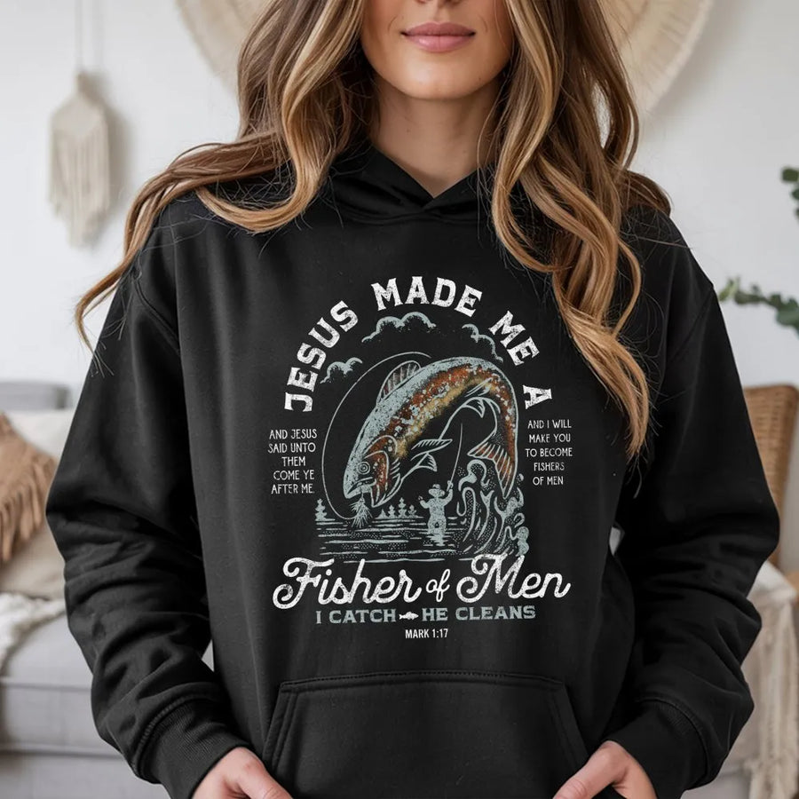 Fisher of Men Hoodie | Christian Trout Fishing Bible Verse Graphic | Premium Cotton-Blend | Faith Based Gift for Angler