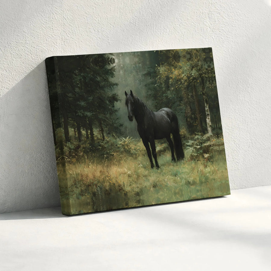 Black Horse Wall Art Canvas | Moody Forest Oil Painting Style | Premium Gallery Wrap Print | Equestrian Gift for Home Decor