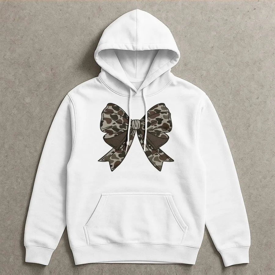 Camo Bow Hoodie | Trendy Coquette Aesthetic Graphic | Premium Cotton Blend | Gift For Women Hunting Enthusiasts