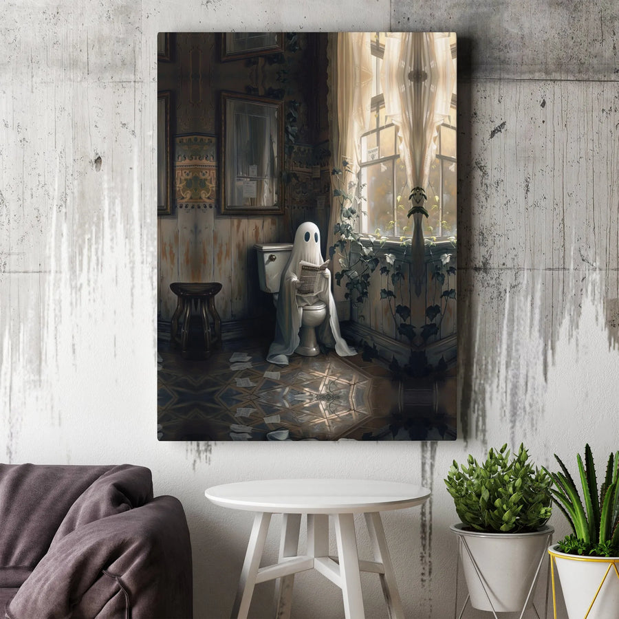 Ghost Reading Newspaper on Toilet Canvas Art | Whimsical Bathroom Wall Decor | Premium Gallery Wrap Print | Funny Halloween Home Gift
