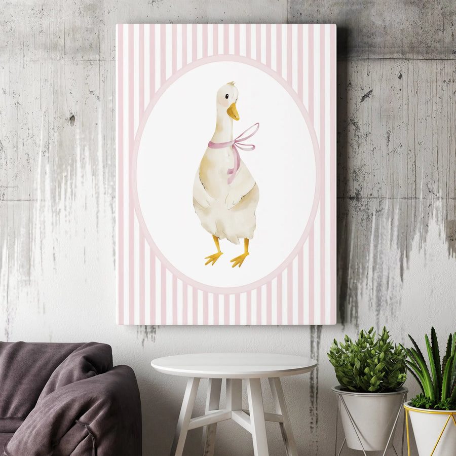 Watercolor Goose Canvas Art | Cute Animal Wall Decor with Pink Ribbon | Premium Gallery Wrap Print | Nursery or Farmhouse Wall Decor Gift