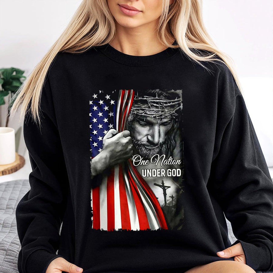One Nation Under God Sweatshirt | Patriotic American Flag & Jesus Graphic | Premium Cotton Blend | Faith & Country Gift For Men And Women