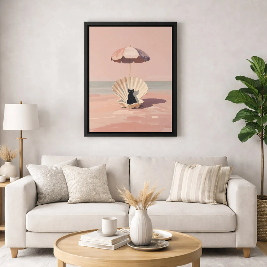 Black Cat Wall Art | Surreal Seashell Beach Illustration | 1.25-Inch Premium Gallery Canvas | Unique Coastal Home Decor Gift for Cat Lovers
