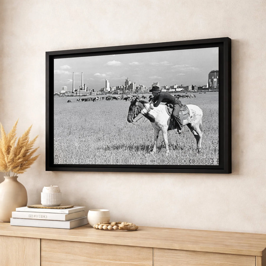 Western Cowboy Canvas Print | Vintage City Skyline Cattle Farm Art | Premium 1.25 Inch Gallery Wrap | Rustic Home & Office Wall Decor