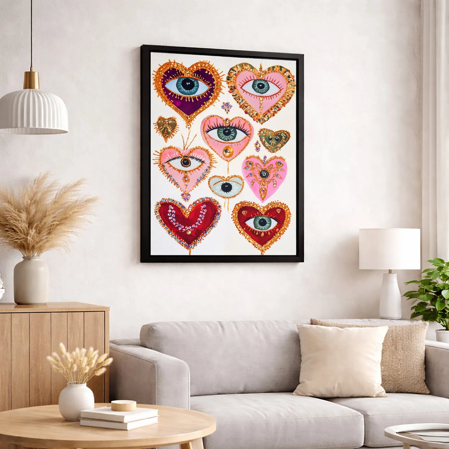 Evil Eye Heart Wall Art | Ornate Jeweled Bohemian Decor | Premium Fade-Resistant Canvas | Boho Aesthetic Gift for Her