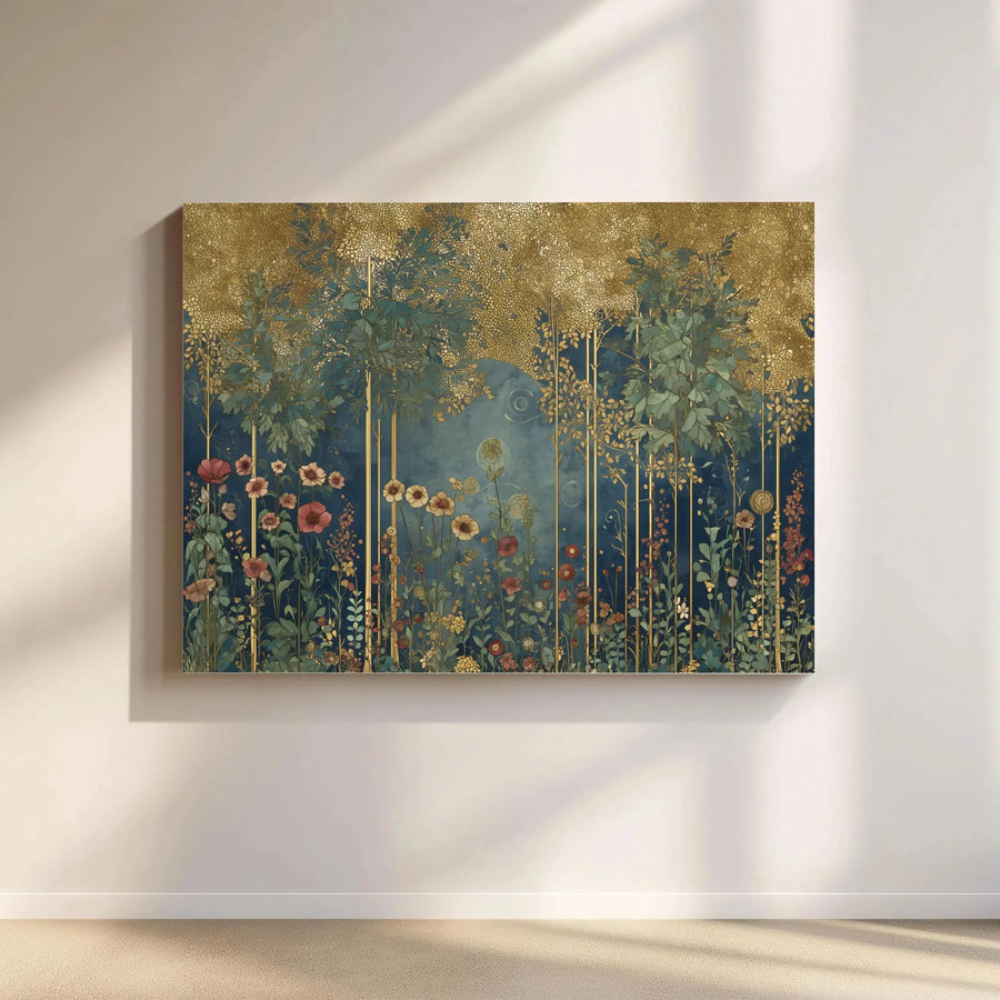 Art Nouveau Canvas Print | Gold Mosaic Enchanted Forest Wall Art | Premium Gallery Canvas | Botanical Living Room Decor Gift