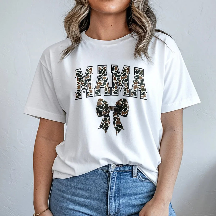 Camo Mama T-Shirt | Coquette Bow Camouflage Graphic | Premium Cotton Blend | Mother's Day Gift for Mom