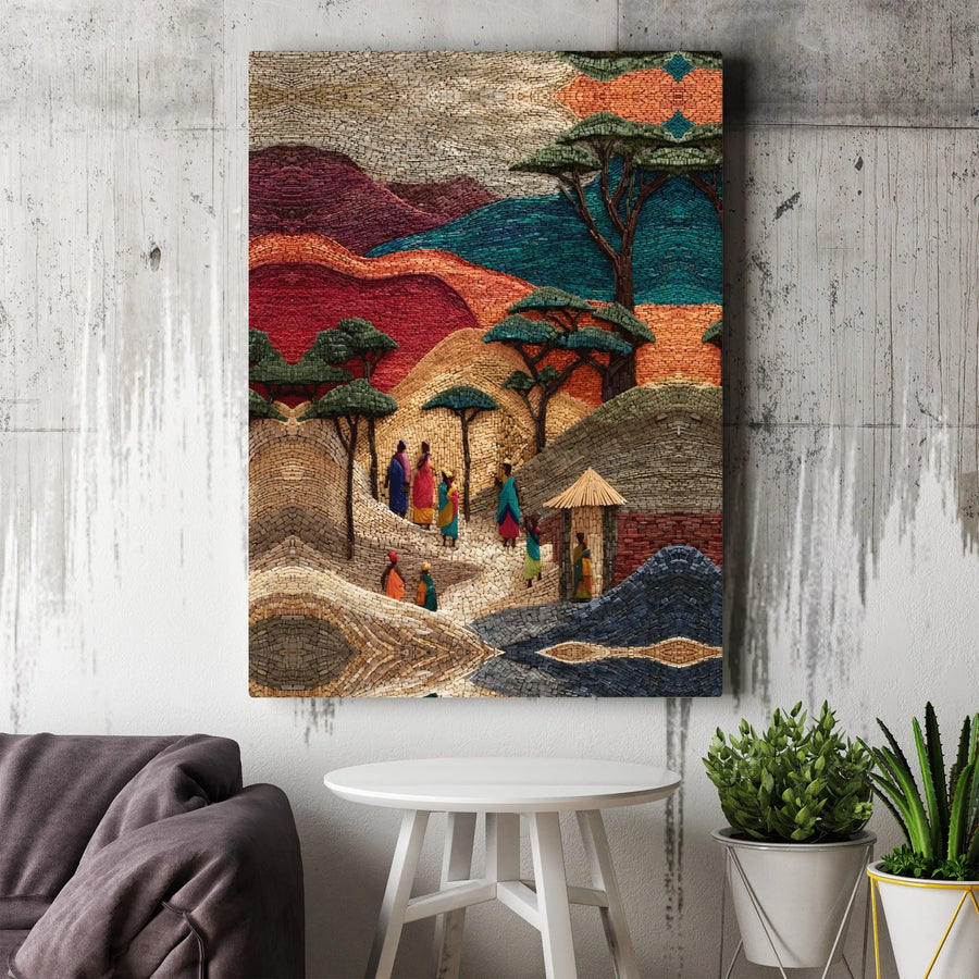 African Village Canvas Wall Art | Textured Mosaic Style Print of Tribal Life | Premium Gallery Wrapped Canvas | Cultural Home Decor Gift
