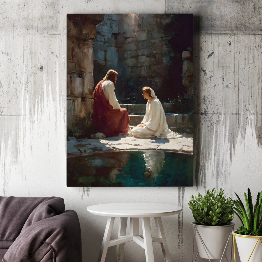 Jesus and the Samaritan Woman at the Well Wall Art | Fine Art Religious Oil Painting Print | Gallery Quality 1.25-inch Canvas | Inspirational Christian Gift