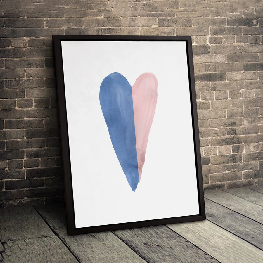 Watercolor Split Heart Canvas Wall Art | Blue and Pink Minimalist Decor | 1.25 Inch Gallery Wrap | Premium Nursery or Bedroom Gift