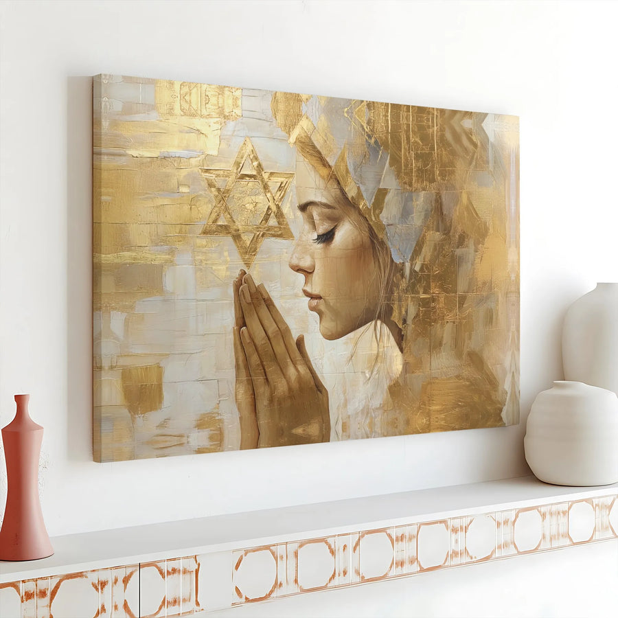 Jewish Praying Woman Wall Art | Gold Star of David Abstract Canvas | 1.25-Inch Gallery Wrap Print | Spiritual Home Decor Gift