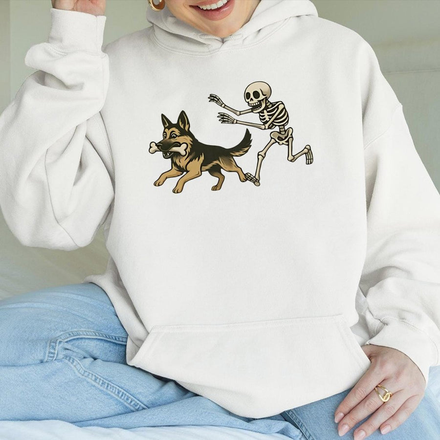 German Shepherd Halloween Hoodie | Spooky Skeleton Graphic Design | Premium Cotton-Blend Comfort | Cute Dog Lover Gift for Him and Her
