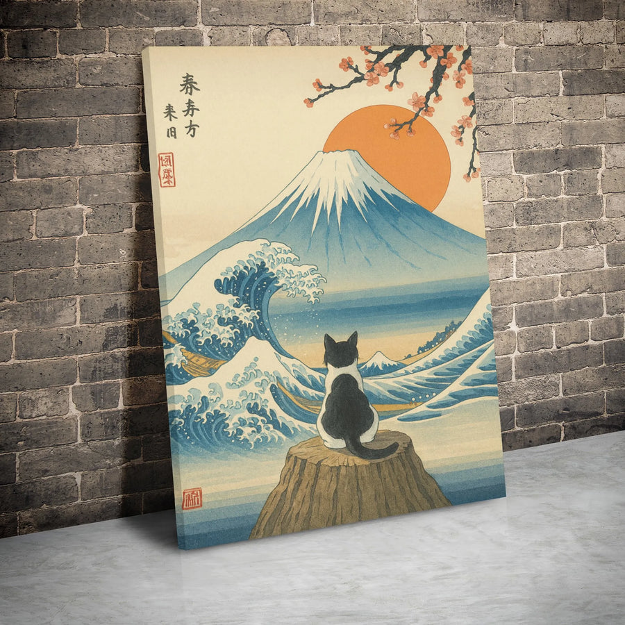 Japanese Cat Wall Art | Ukiyo-E Great Wave & Mt Fuji Style | Premium Gallery Wrap Canvas | Unique Home Decor Gift for Cat Lovers