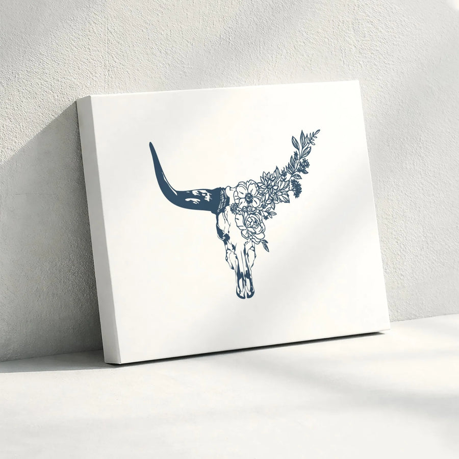 Boho Bull Skull Wall Art | Floral Longhorn Botanical Print | Gallery Quality 1.25 Inch Canvas | Western Farmhouse Home Decor