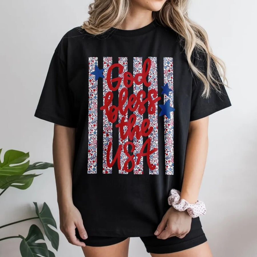 God Bless The USA T-Shirt | Dainty Floral American Flag Design | Soft Cotton Blend Pullover | Fourth of July Gift for Women