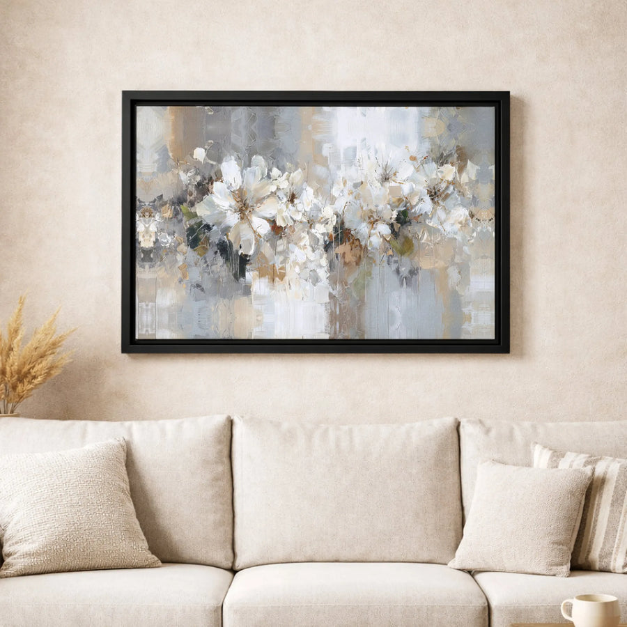 Abstract Floral Canvas Wall Art | Neutral Grey and Beige Impressionist Bouquet | Premium Gallery-Wrapped Print | Modern Home Office Decor