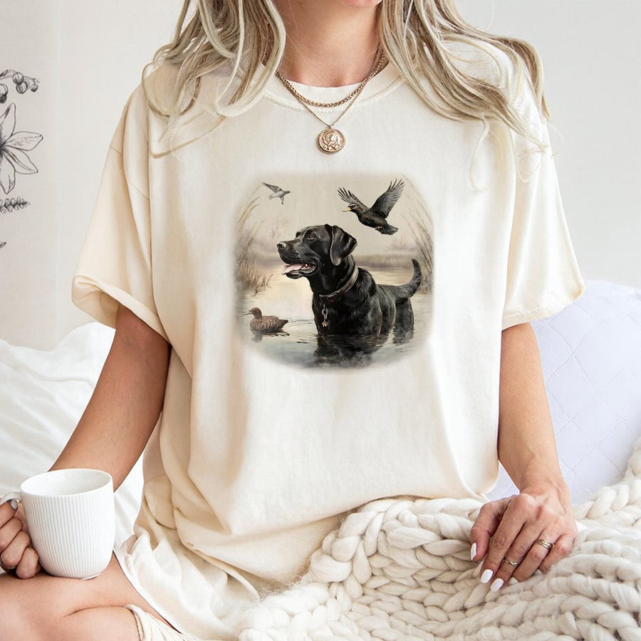 Black Labrador Duck Hunting T-Shirt | Vintage Wildlife Retriever Graphic | Premium 100% Cotton Tee | Gift for Dog Lovers & Outdoorsmen