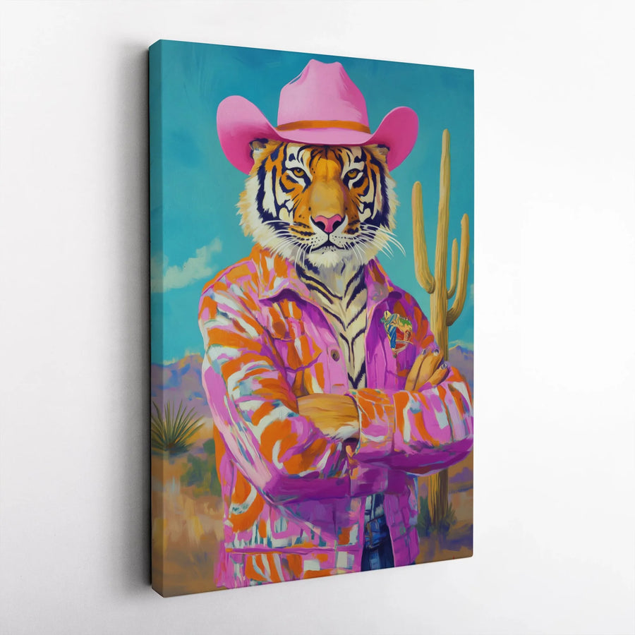 Tiger Cowboy Wall Art | Pink Western Desert Cactus Decor | Premium Gallery Wrapped Canvas | Eclectic Maximalist Gift for Home Office